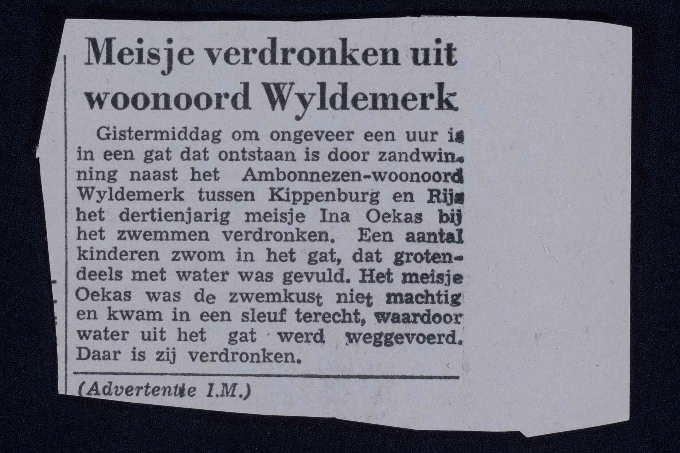Krantenartikel: Meisje verdronken uit woonoord Wyldemerk