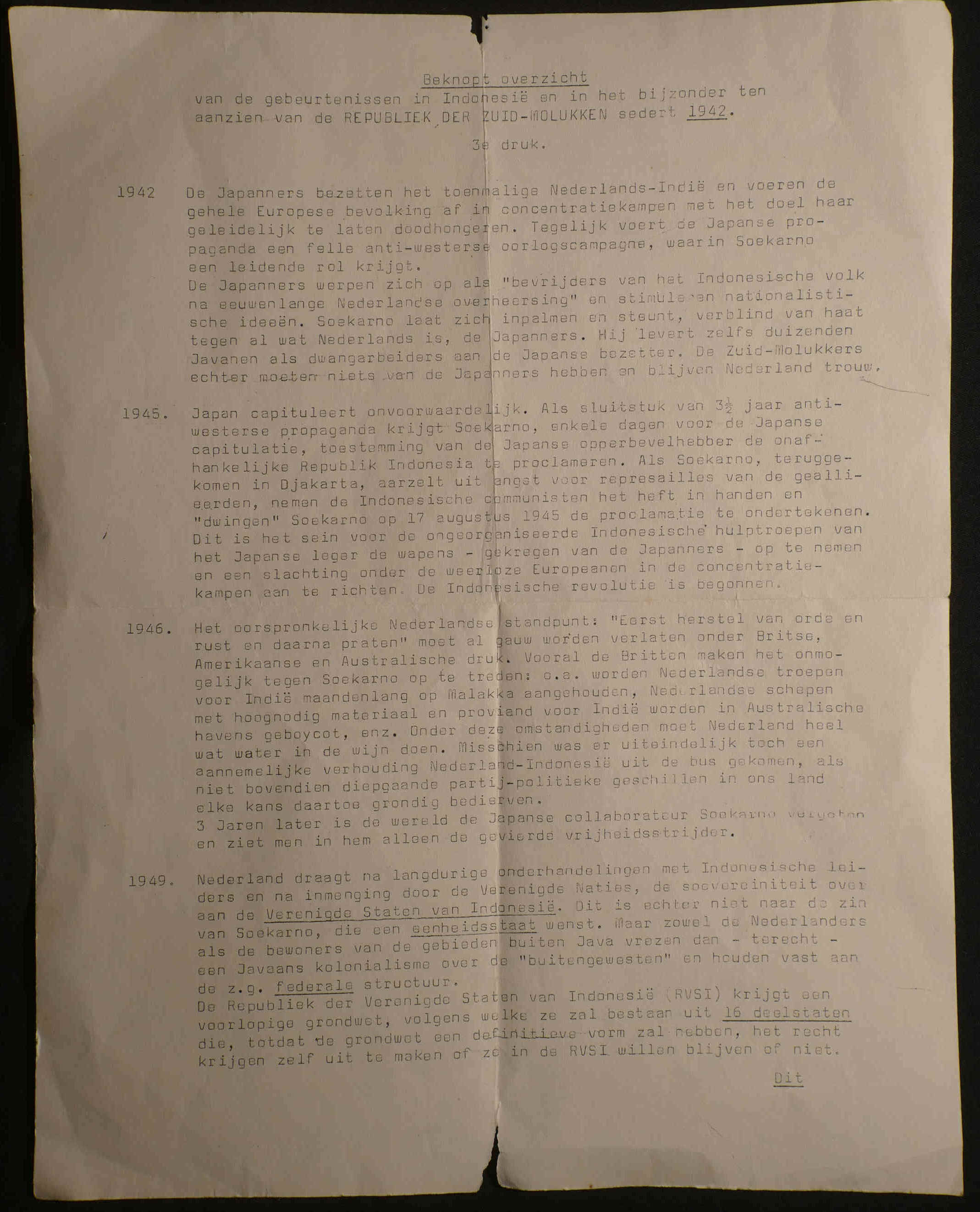 Beknopt overzicht van de gebeurtenissen in Indonesië en in het bijzonder ten aanzien van de REPUBLIEK DER ZUID-MOLUKKEN Geschreven in 1960